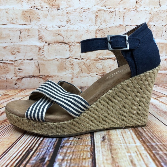 Toms Shoes - Tom’s Blue Stripe Open Toe Strappy Wedge Heel Shoe